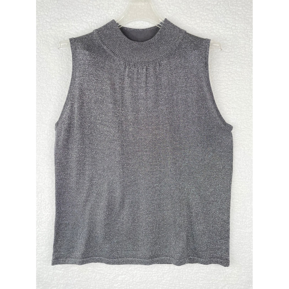 CC Hughes Grey Silver Sparkle‎ Silk Blend Mock Neck Sleeveless Sweater Tank L